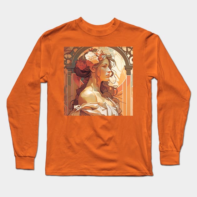 Alphonse Mucha Style Portrait of a Beautiful Woman Long Sleeve T-Shirt by Danielleroyer